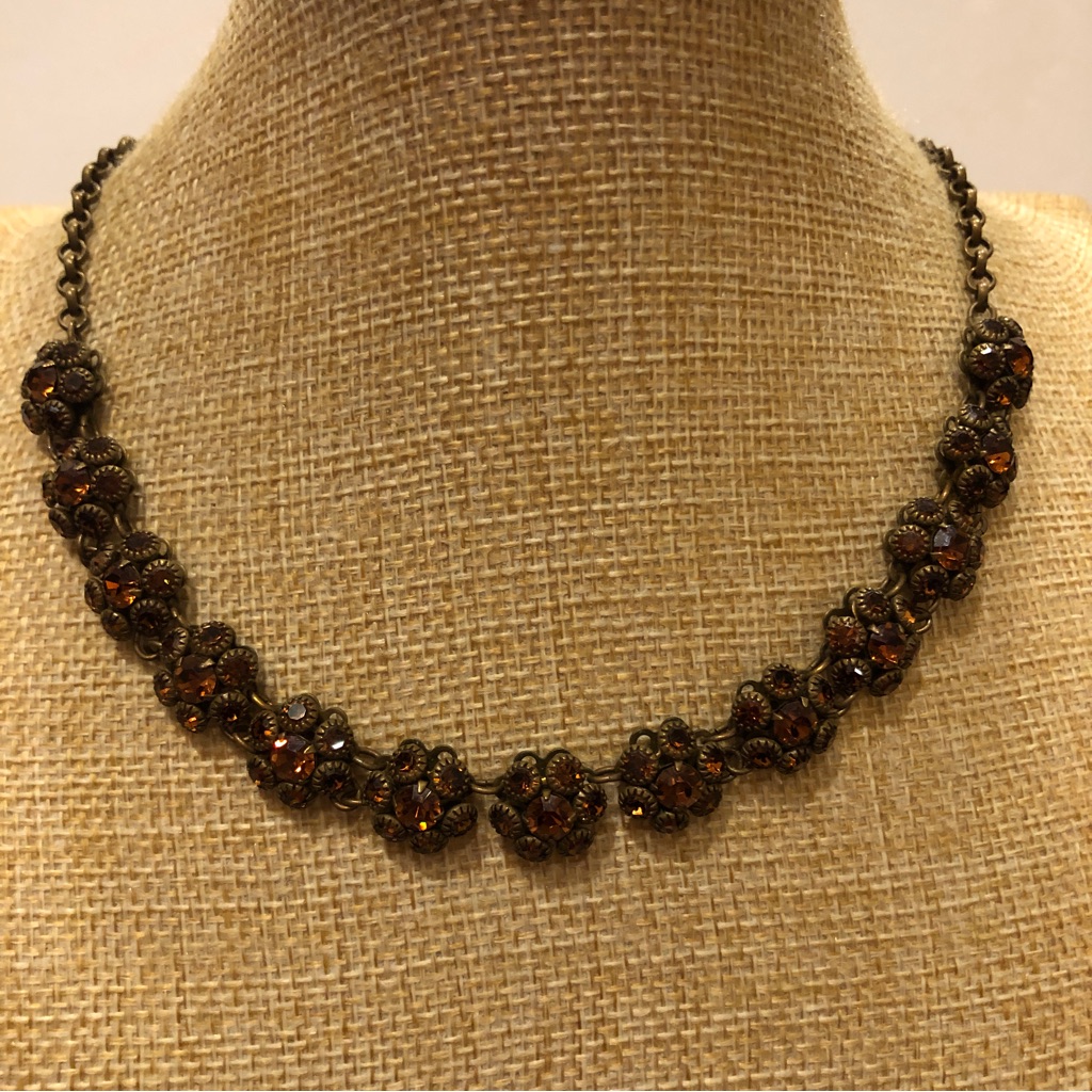 Liz Paiacios Necklace- Vintage. Antiqued Gold With Swarovski Crystals